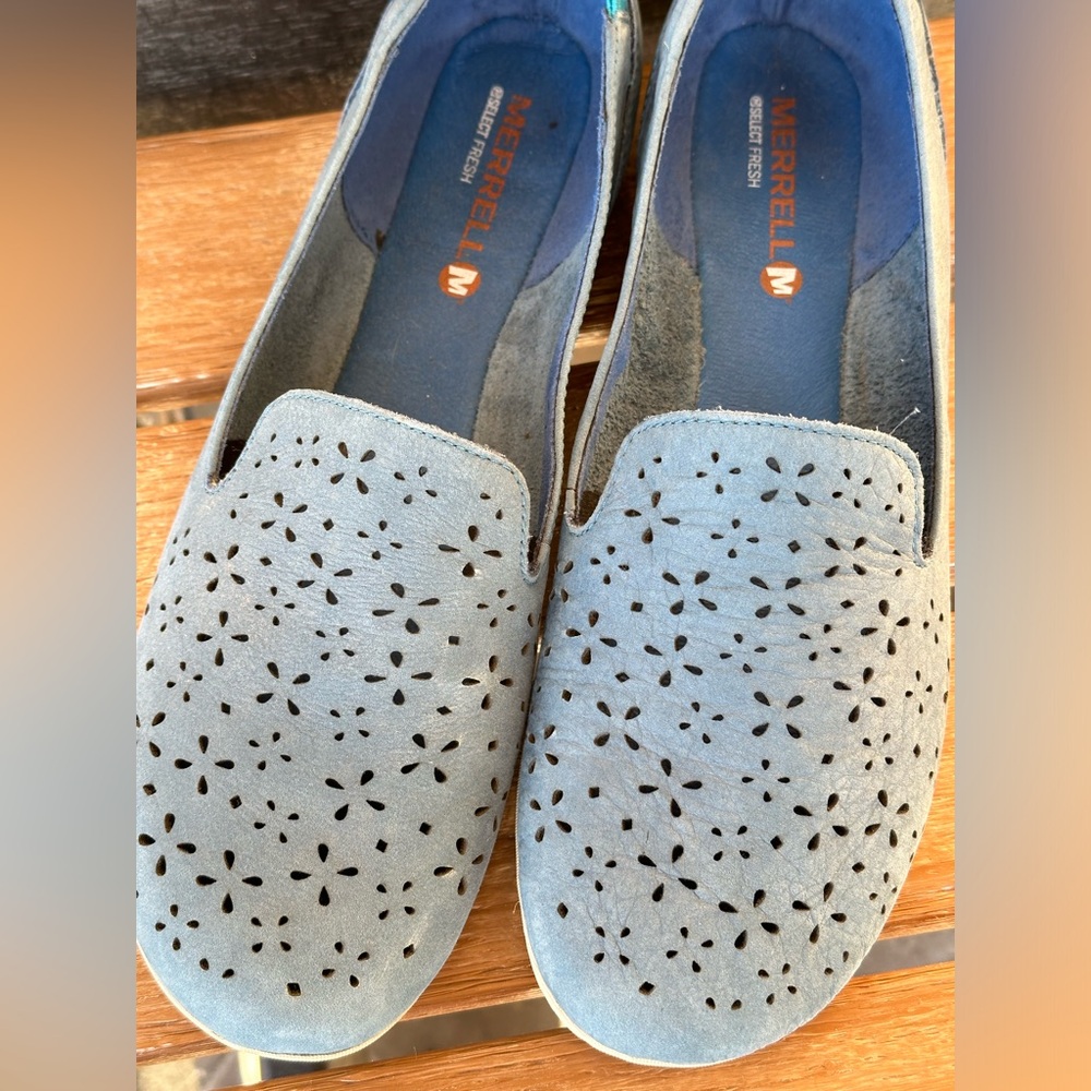 Merrell Blue Suede Flats with Floral cutouts EUC 10M